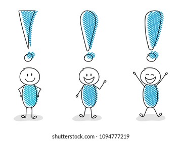 Set of exclamation points with funny stickmen. Vector.
