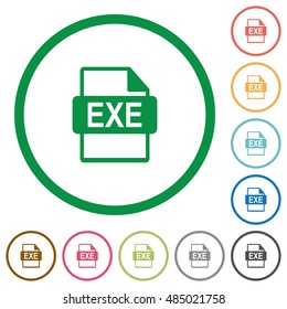 Set of EXE file format color round outlined flat icons on white background
