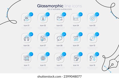 Conjunto de iconos de la línea Ejecutar, Globo y Certificado para la aplicación web. Dimensión de la casa, artículo, iconos de Stay home. Sin micrófono, tiempo de carga, señalización de trabajo en equipo de empleados. Pregunta, dice. Vector