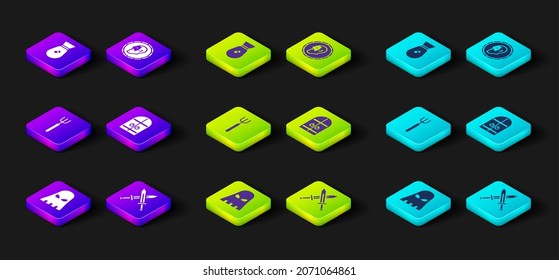 Set Executioner mask, Crossed medieval sword, Garden pitchfork, Medieval castle gate, Ancient coin and Old money bag icon. Vector