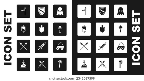 Poner máscara de verdugo, bandera medieval, bola de mace encadenada, escudo, carreta de cuatro ruedas de madera e icono de lanzas medievales cruzadas. Vector