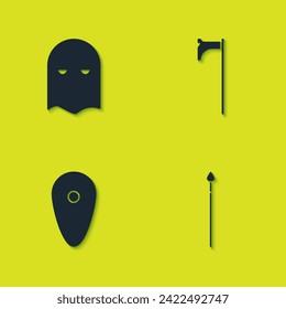 Ajuste la máscara del ejecutor, la lanza medieval, el icono Escudo y el icono de hacha. Vector
