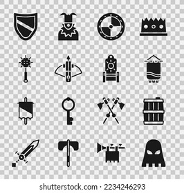 Máscara de verdugo, Barril de madera, Bandera medieval, Escudo de madera redonda, Arco cruzado de batalla con flecha, bola de encaje encadenado, Escudo e icono de trono. Vector