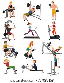 Set of exercise equipment with people including treadmill, bench press, elliptical trainer, gym bike isolated vector illustration