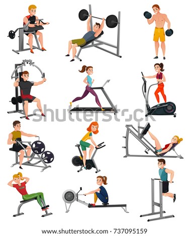Set of exercise equipment with people including treadmill, bench press, elliptical trainer, gym bike isolated vector illustration