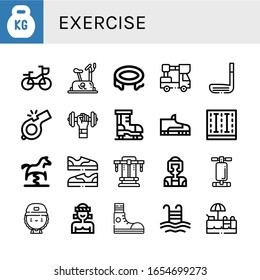 Set of exercise icons. Such as Kettlebell, Bike, Stationary bike, Trampoline, Lifter, Golf stick, Whistle, Dumbbell, Ice skate, Footwear, Swimming pool, Spring swing horse , exercise icons
