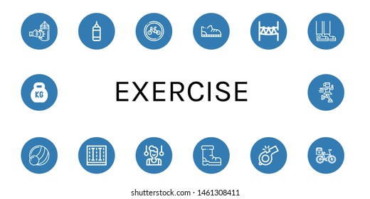 Set of exercise icons such as Punching bag, Bikes, Shoe, Rope park, Sneaker, Medicine ball, Swimming pool, Gymnast, Shoes, Whistle, Bicycle, Kettlebell, Ice skate , exercise