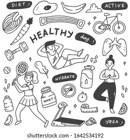 Set of Exercise People with Food and Equipment in Doodle Style Illustration