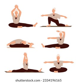 Set of exercises for Aged female Character.Sport,Stretching,Realxing in Yoga Practice Isolated ,white background.Retired Women with flexible body and elastic muscles.Training Class.Vector Illustration