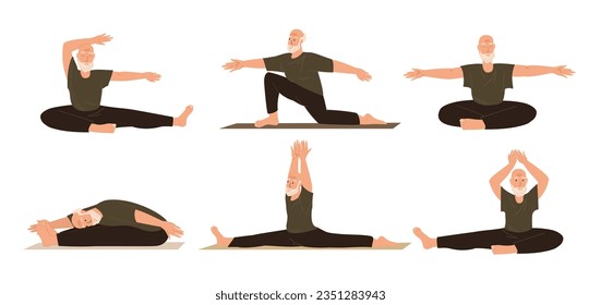 Set of exercises for Aged male Character.Sport,Stretching,Realxing in Yoga Practice Isolated ,white background.Retired Man with flexible body and elastic muscles.Training Class.Vector Illustration