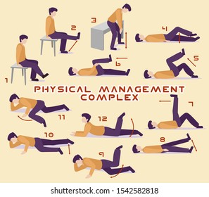 A set of exercises for the back and knees. A man goes in for sports in a cartoon style.