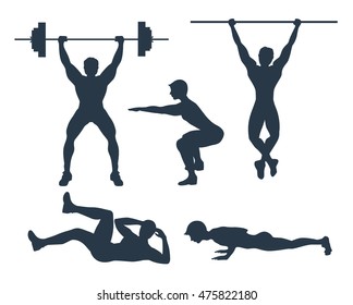 Set of exercises. Black silhouette of a man doing gym exercises like lifting weights, pull ups, crunches, squats and plank. Healthy lifestyle.