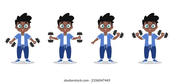 A set of exercises with dumbbells, the boy goes in for sports