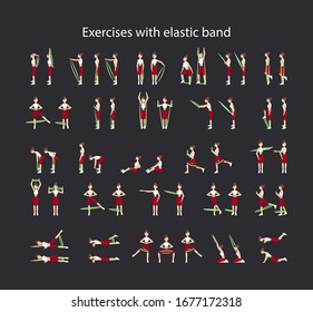 Set of exercises with elastic band on a black background.Full Body Workout.