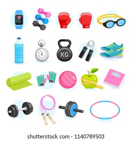 Set of Exercises equipment icons color. Vector Illustrations.