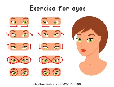 A set of exercises for the eyes. For better vision, relaxation, stretching, focus, training the eye muscles. Cartoon style. Color vector illustration isolated on white background.