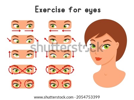 A set of exercises for the eyes. For better vision, relaxation, stretching, focus, training the eye muscles. Cartoon style. Color vector illustration isolated on white background.