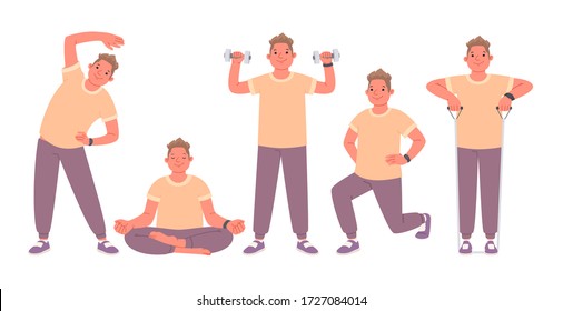 Set of exercises performed by a man engaged in fitness and yoga. Happy character guy leading an active lifestyle. Vector illustration in a flat style