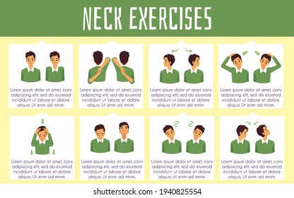 Set of exercises to strengthen spine and neck, flat vector illustration isolated.