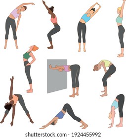 A set of exercises for stretching the back. Healthy lifestyle People go in for sports in bright costumes.
Positions isolated on white background - vector. Collection