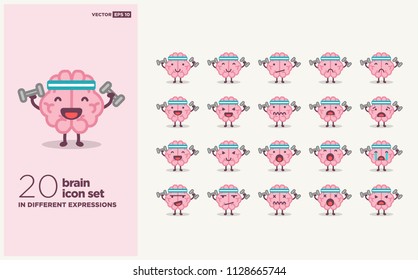 Set of Exercising Brain with Dumbbells Emoji Line Icons In Different Expressions