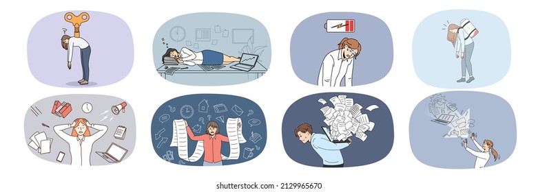 Set of exhausted office workers feel distressed overwhelmed with tasks and duties. Collection of unhappy unwell employees tired with workload. Overwork and fatigue. Vector illustration. 