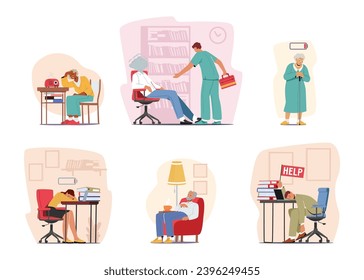 Set of Exhausted People with Fatigued Faces, Slouched Shoulders, And Heavy Sighs, Convey The Weariness Of Their Bodies And Minds. Tired, Fatigue, Burnout Characters. Cartoon Vector Illustration