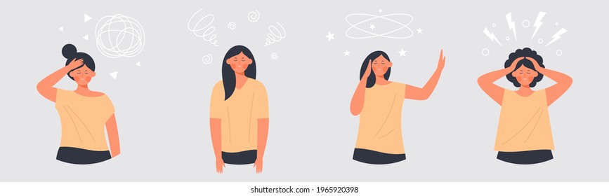 Set of exhausted, tired characters - Young woman suffering pain, migraine, fainting, dizziness - Female having mental fatigue, vertigo, stress or depression - Vector flat illustration
