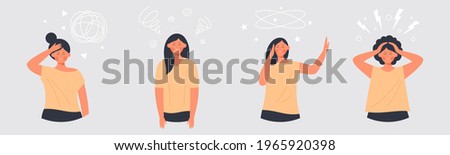 Set of exhausted, tired characters - Young woman suffering pain, migraine, fainting, dizziness - Female having mental fatigue, vertigo, stress or depression - Vector flat illustration