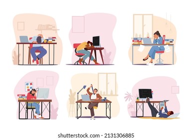 Set of Exhausted Workers Professional Burnout Syndrome. Stressed Managers Characters Work Sitting at Table with Head Down. Business Overload, Stress and Tiredness. Cartoon People Vector Illustration