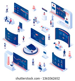 Conjunto de Estaciones de Manifestación y Centros Comerciales con Gente Caminando entre Estaciones Promocionales Comerciales y Hablando con Consultores y Promotores. Expo Booths. Ilustración de vectores isométricos 3D.