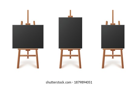 Set of exhibition easel templates with black artboards or canvas of various shapes standing on them, realistic vector illustration isolated on white background.