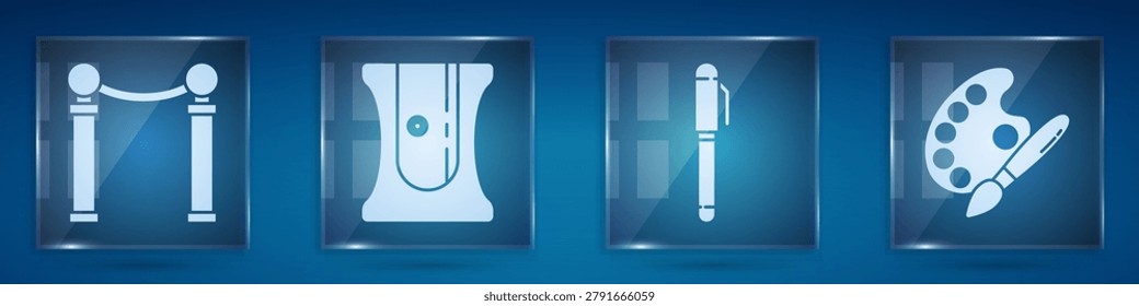 Set Exhibition of paintings, Pencil sharpener, Pen and Paint brush with palette. Square glass panels. Vector