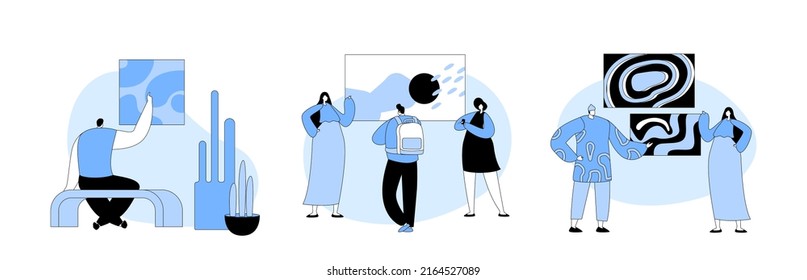 Set Exhibition Visitors Viewing Modern Abstract Paintings Hanging on Walls at Contemporary Art Gallery. People Enjoying Watching Creative Artworks or Exhibits in Museum. Cartoon Vector Illustration