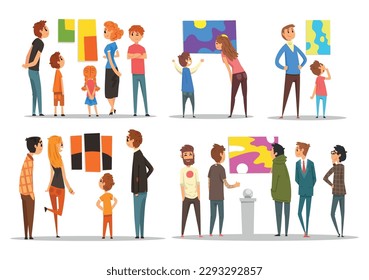 Set of exhibition visitors viewing modern abstract paintings at contemporary art gallery vector illustration