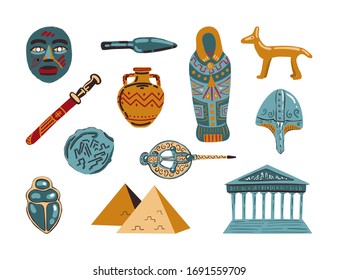 Set of exhibits isolated on white background. Historical museum. Ancient artifacts. Greece, Egypt, Old Rome. Collection of museum pieces. Vector illustration. Flat style. 