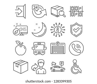 Set of Exit, 24 hours and Disabled icons. Parking place, Parking garage and Search package signs. Bus, Parcel symbols. Escape, Repeat, Handicapped wheelchair. Transport, Automatic door, Video camera
