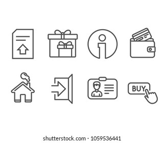 Set of Exit, Delivery boxes and Identification card icons. Debit card, Upload file and Buy button signs. Escape, Birthday gifts, Person document. Load document, Online shopping. Vector