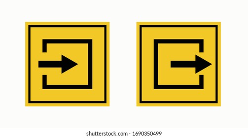 Set of exit and entry signs, yellow and black, isolated on a white background, vector graphics. Tactile sign, direction arrows. illustration of security