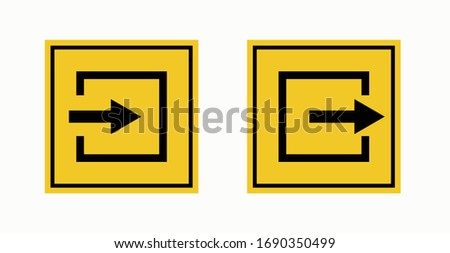 Set of exit and entry signs, yellow and black, isolated on a white background, vector graphics. Tactile sign, direction arrows. illustration of security