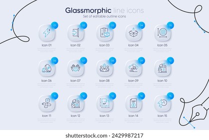 Set of Exit, Parcel checklist and Builders union line icons for web app. Charging time, Floor plan, Co2 gas icons. Technical info, Gas price, Circle area signs. Engineering team. Vector