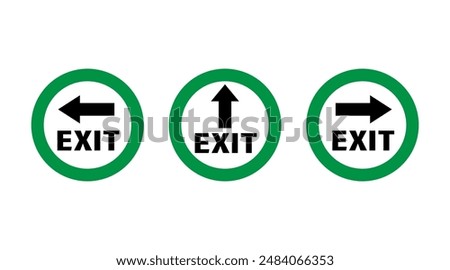 Set of exit round signs with green borders, arrows and text. Each sign indicating adifferent direction.