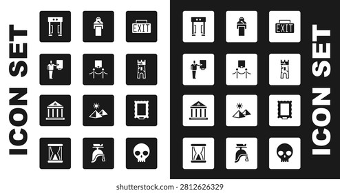Set Exit sign, Picture and rope barrier, Museum guide, Metal detector, Castle tower, Gives lecture,  and building icon. Vector