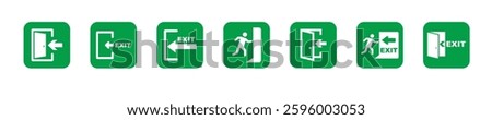 Set of exit vector green icons set. Emergency exit. Open door.
