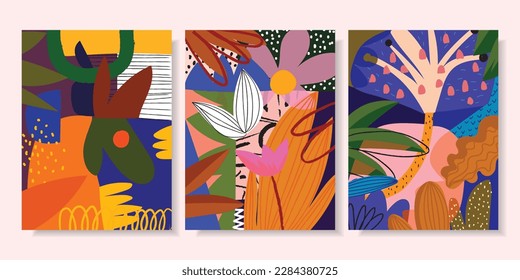 Set of exotic abstract floral, jungle flowers and leaves hand drawn vector background design.