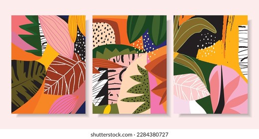 Set of exotic abstract floral, jungle flowers and leaves hand drawn vector background design.