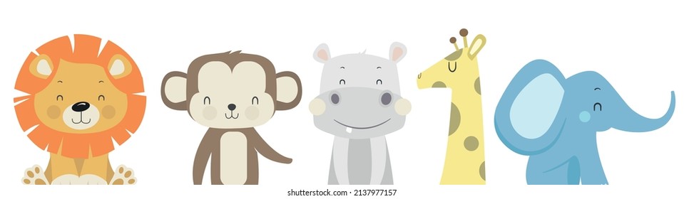 Set of exotic african animals. Safari with elephant, lion, giraffe, hippopotamus, monkey. Vector illustration for children's creations