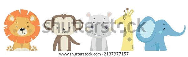 Set of exotic african animals. Safari with\
elephant, lion, giraffe, hippopotamus, monkey. Vector illustration\
for children\'s creations