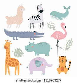  Set of exotic animals and plants. Vector illustration, with the image of Flamingo, Zebra, crocodile, elephant, llama, hippopotamus, lion, cat, giraffe, for printing on clothes, postcard, dishes. 