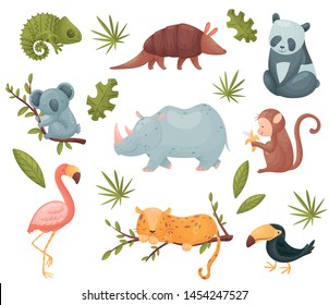 Set of exotic animals. Vector illustration on white background.